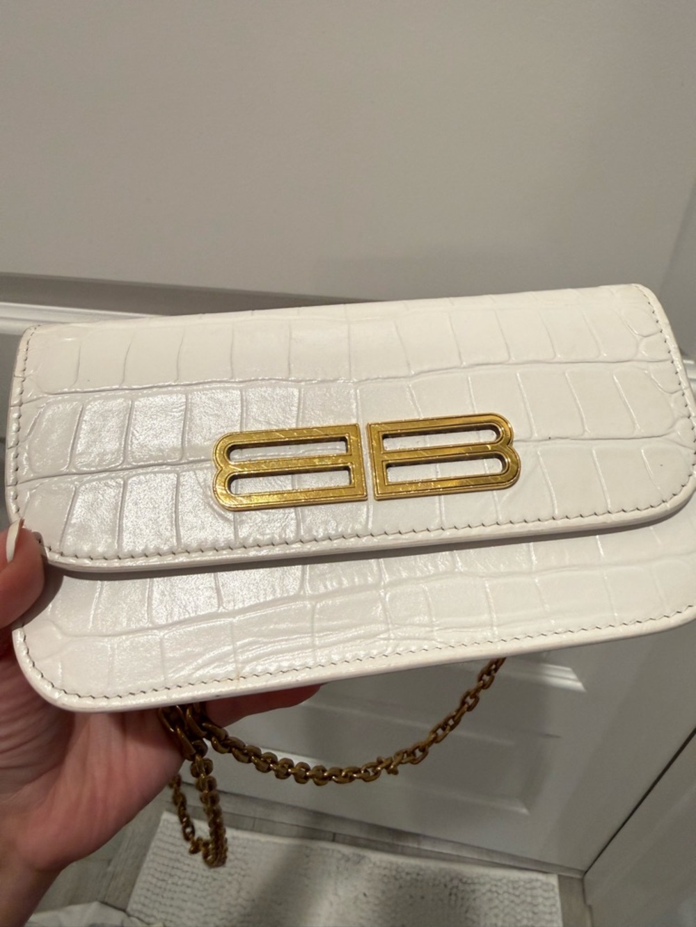 Balenciaga White Croc-Embossed Chain Crossbody with Gold BB Logo